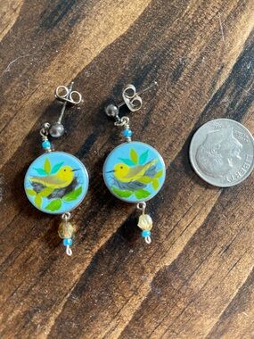 Hand-Painted Yellow Bird Drop Earrings